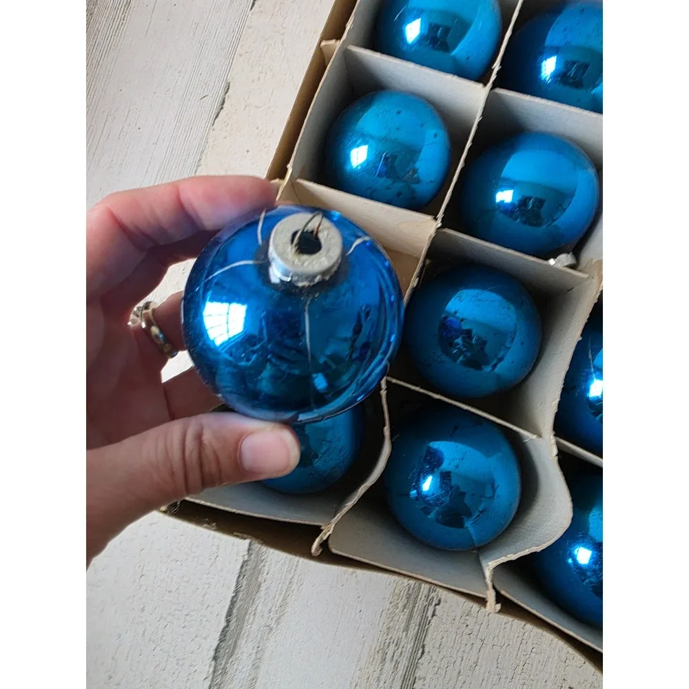 Vintage Frankie blue solid glass ornament set box Xmas tree